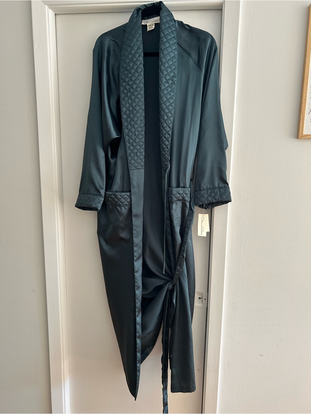 NWT vintage Oscar de la Renta Silky Quilted-Trim Robe in Deep Teal
